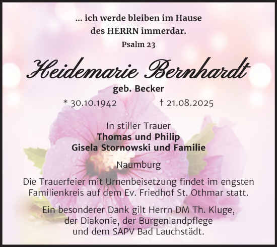Traueranzeige von Heidemarie Bernhardt von Super Sonntag Naumburg/Nebra