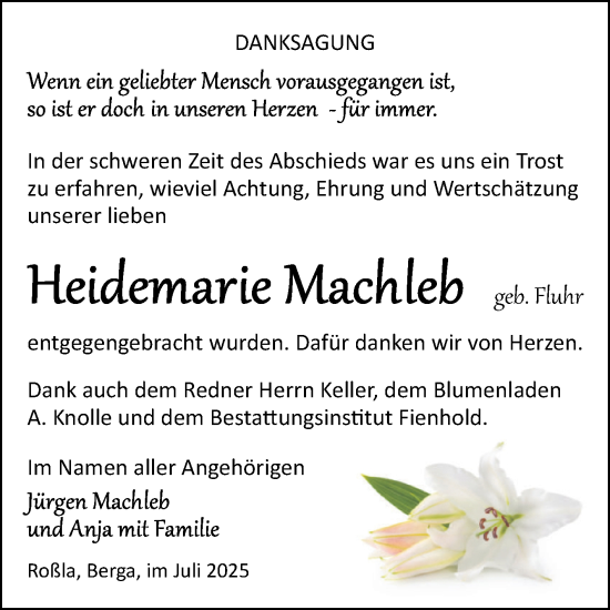 Traueranzeige von Heidemarie Machleb von Trauerkombi Sangerhausen