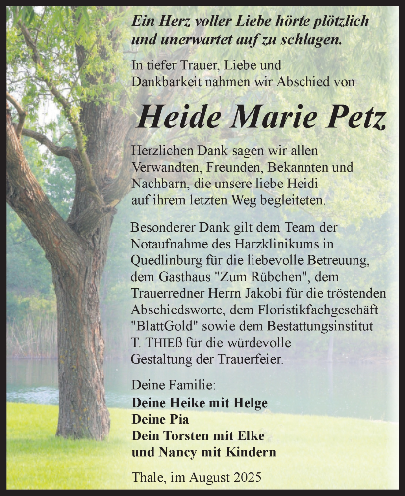  Traueranzeige für Heide Marie Petz vom 30.08.2025 aus Trauerkombi Quedlinburg