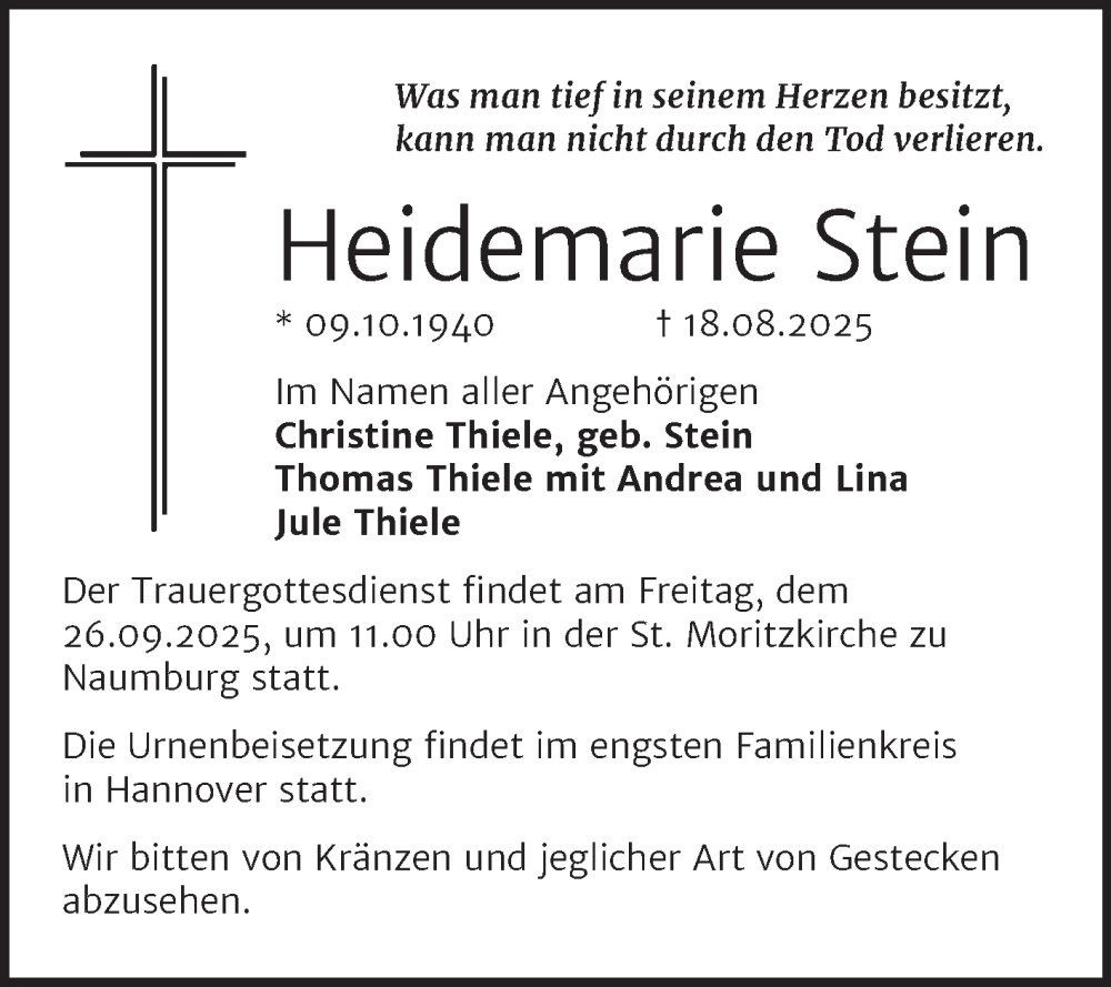  Traueranzeige für Heidemarie Stein vom 30.08.2025 aus Naumburger Tageblatt