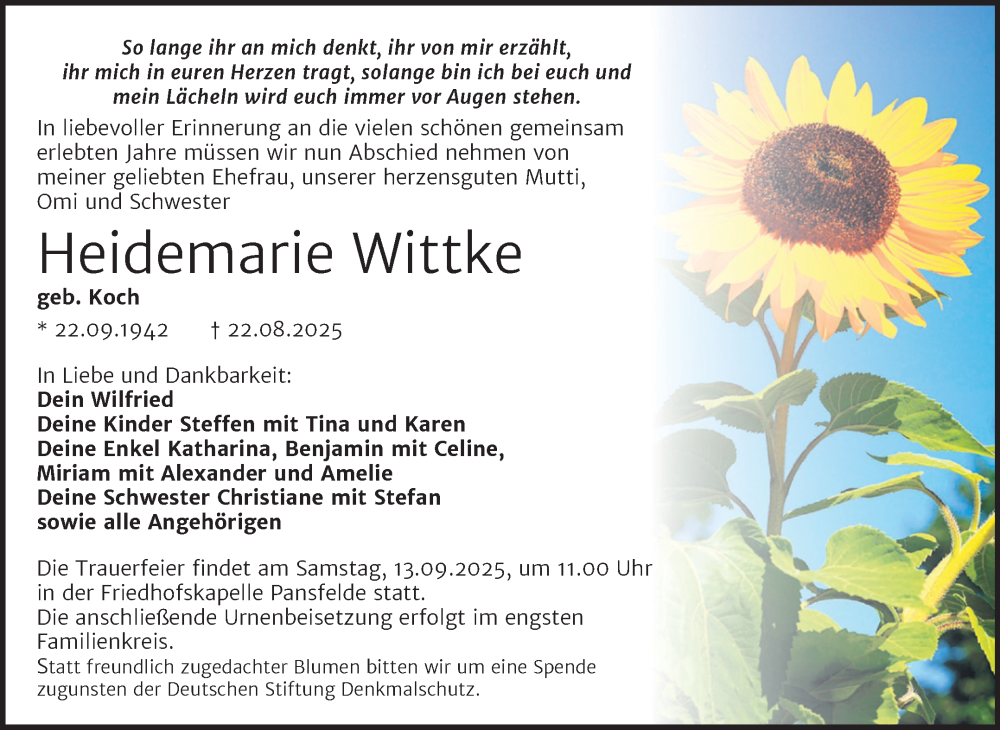  Traueranzeige für Heidemarie Wittke vom 30.08.2025 aus Trauerkombi Quedlinburg