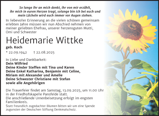Traueranzeige von Heidemarie Wittke von Trauerkombi Quedlinburg