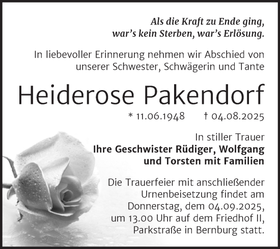 Traueranzeige von Heiderose Pakendorf von Trauerkombi Bernburg