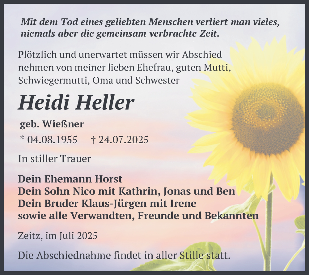  Traueranzeige für Heidi Heller vom 02.08.2025 aus Trauerkombi Zeitz