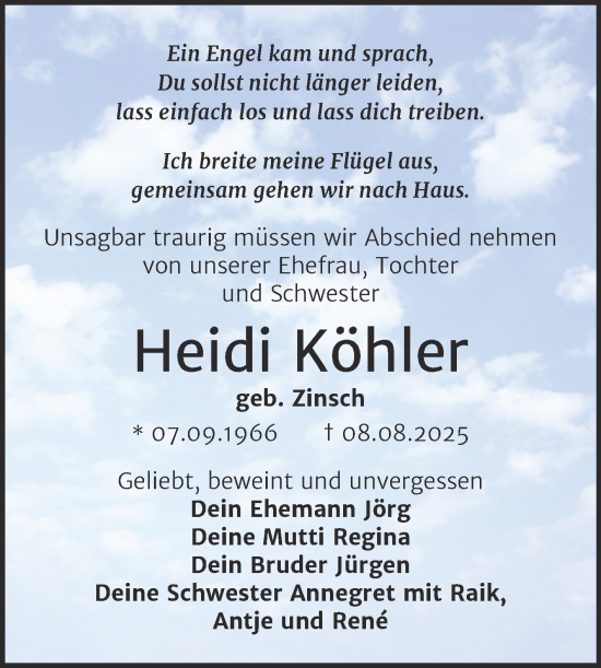 Traueranzeige von Heidi Köhler von Trauerkombi Merseburg