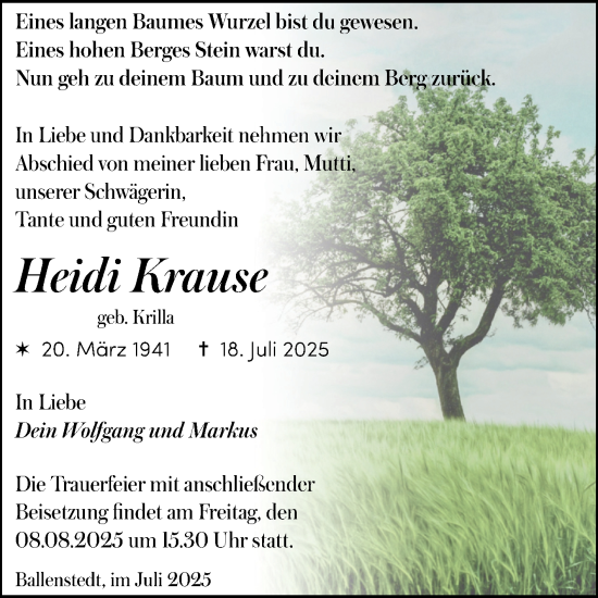 Traueranzeige von Heidi Krause von Trauerkombi Quedlinburg