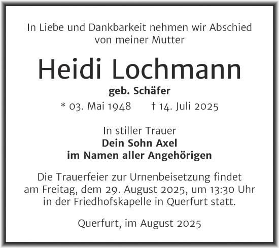 Traueranzeige von Heidi Lochmann von Mitteldeutsche Zeitung Merseburg/Querfurt