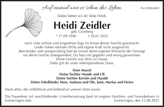 Traueranzeige von Heidi Zeidler von Volksstimme Oschersleben/Wanzleben