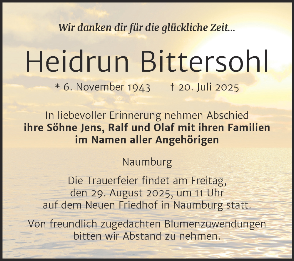  Traueranzeige für Heidrun Bittersohl vom 02.08.2025 aus Naumburger Tageblatt