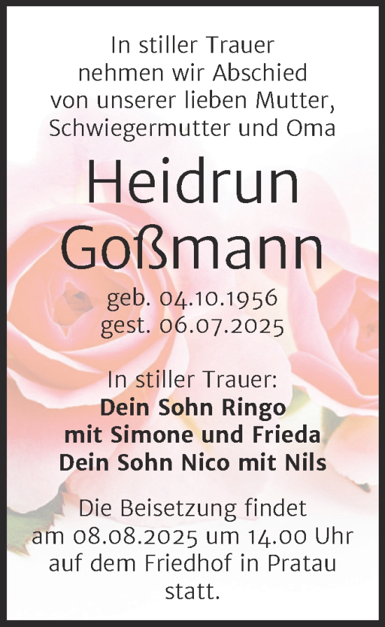 Traueranzeige von Heidrun Goßmann von Trauerkombi Wittenberg
