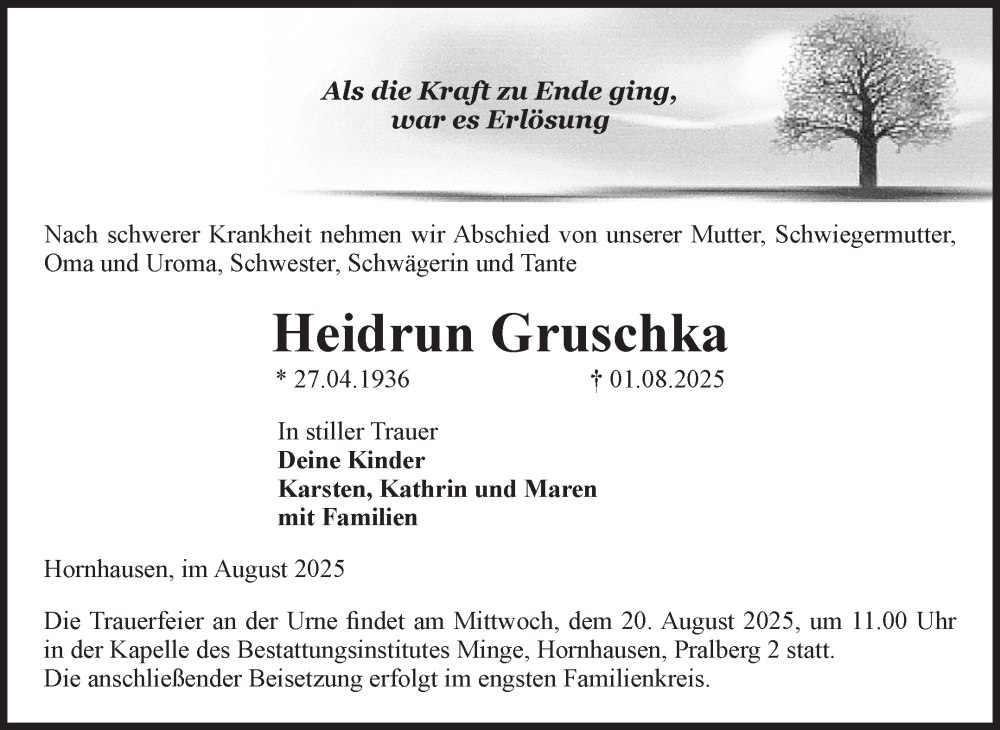  Traueranzeige für Heidrun Gruschka vom 09.08.2025 aus Volksstimme Oschersleben/Wanzleben
