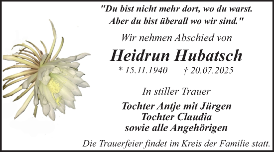 Traueranzeige von Heidrun Hubatsch von Trauerkombi Dessau