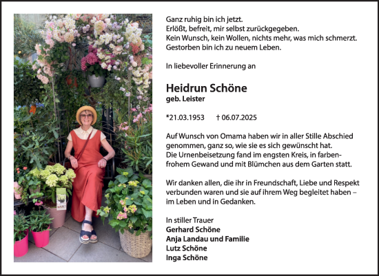 Traueranzeige von Heidrun Schöne von Trauerkombi Wittenberg