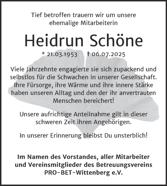 Traueranzeige von Heidrun Schöne von Super Sonntag Wittenberg