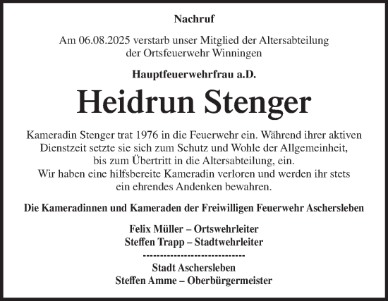 Traueranzeige von Heidrun Stenger von Super Sonntag Aschersleben