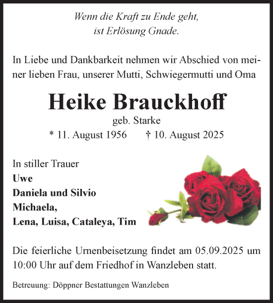 Traueranzeige von Heike Brauckhoff von Volksstimme Oschersleben/Wanzleben
