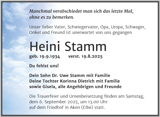 Traueranzeige von Heini Stamm von Trauerkombi Köthen