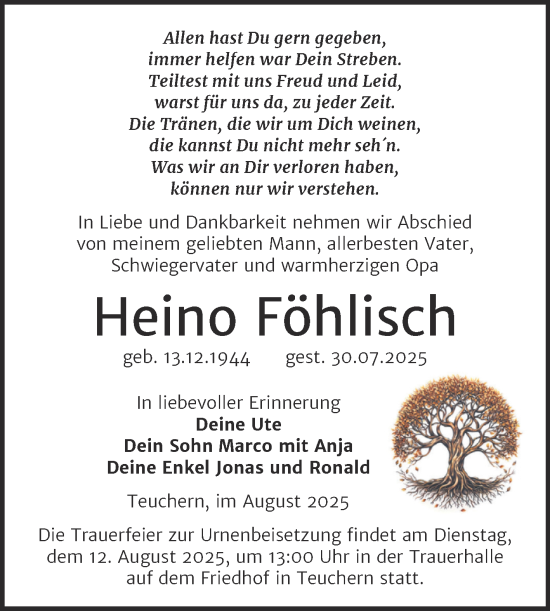 Traueranzeige von Heino Föhlisch von Trauerkombi Weißenfels