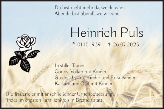 Traueranzeige von Heinrich Puls von Volksstimme Halberstadt