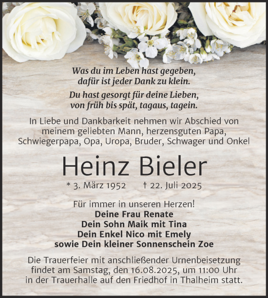 Traueranzeige von Heinz Bieler von Trauerkombi Bitterfeld