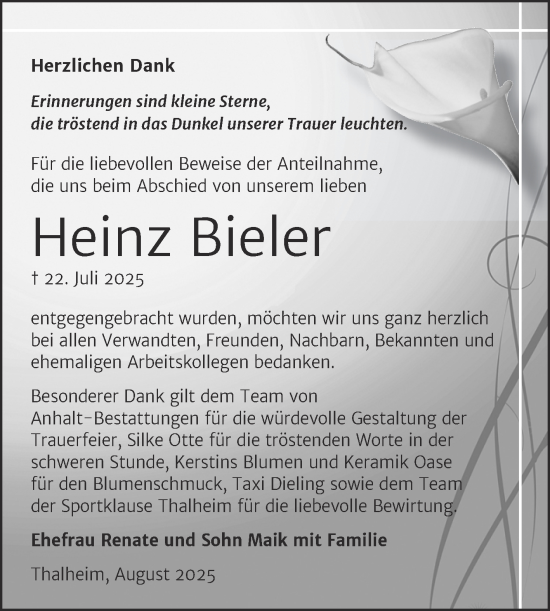 Traueranzeige von Heinz Bieler von Trauerkombi Bitterfeld