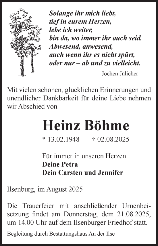 Traueranzeige von Heinz Böhme von Volksstimme Wernigerode