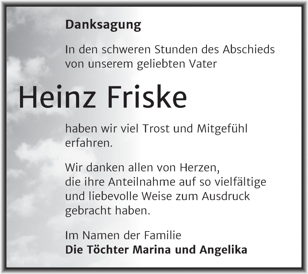  Traueranzeige für Heinz Friske vom 23.08.2025 aus Trauerkombi Mansfelder Land