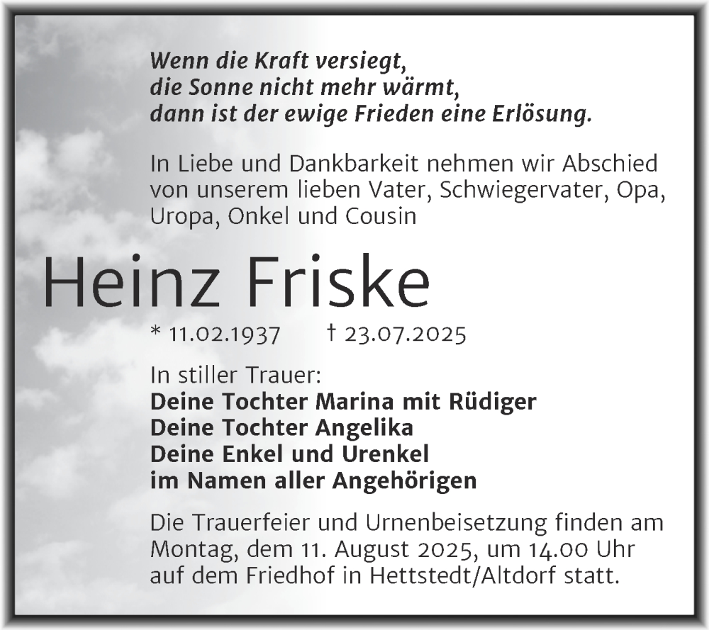  Traueranzeige für Heinz Friske vom 02.08.2025 aus Trauerkombi Mansfelder Land