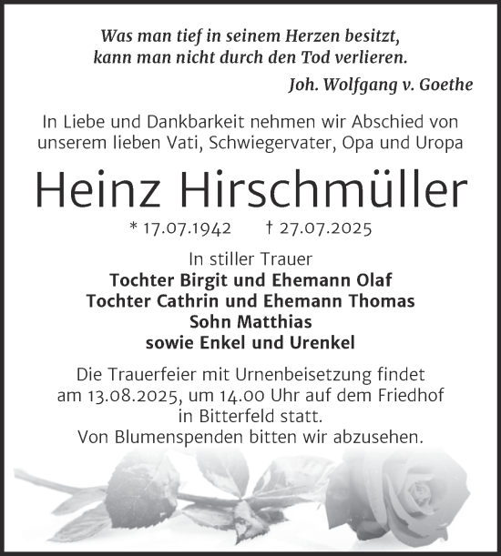 Traueranzeige von Heinz Hirschmüller von Trauerkombi Bitterfeld