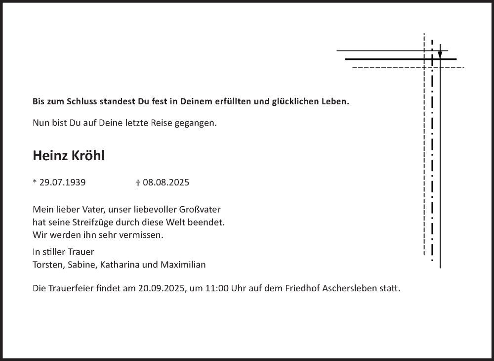  Traueranzeige für Heinz Kröhl vom 21.08.2025 aus Trauerkombi Aschersleben