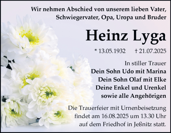 Traueranzeige von Heinz Lyga von Trauerkombi Bitterfeld