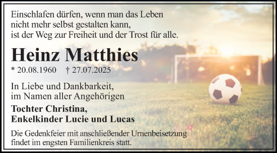 Traueranzeige von Heinz Matthies von Trauerkombi Dessau