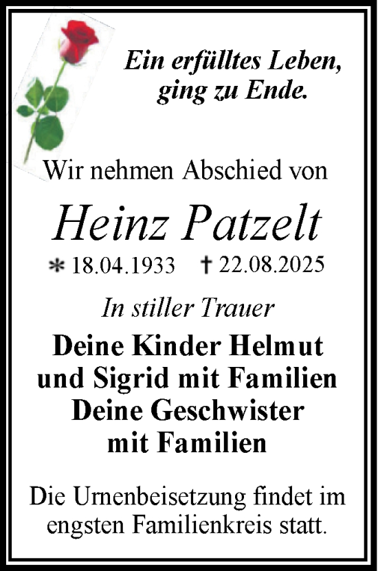 Traueranzeige von Heinz Patzelt von Trauerkombi Dessau