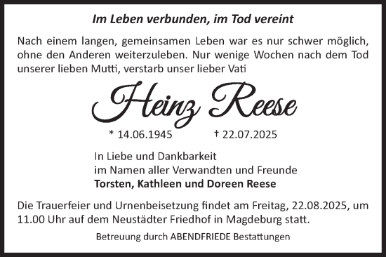 Traueranzeige von Heinz Reese von Volksstimme Magdeburg