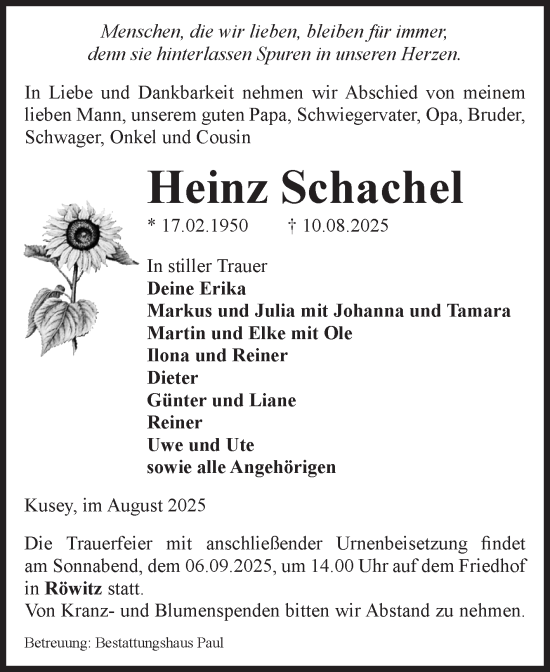 Traueranzeige von Heinz Schachel von Volksstimme Altmark West