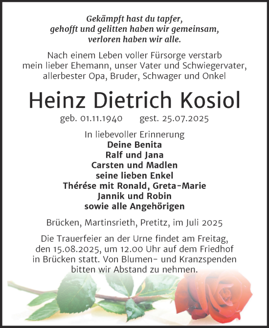 Traueranzeige von Heinz Dietrich Kosiol von Trauerkombi Sangerhausen