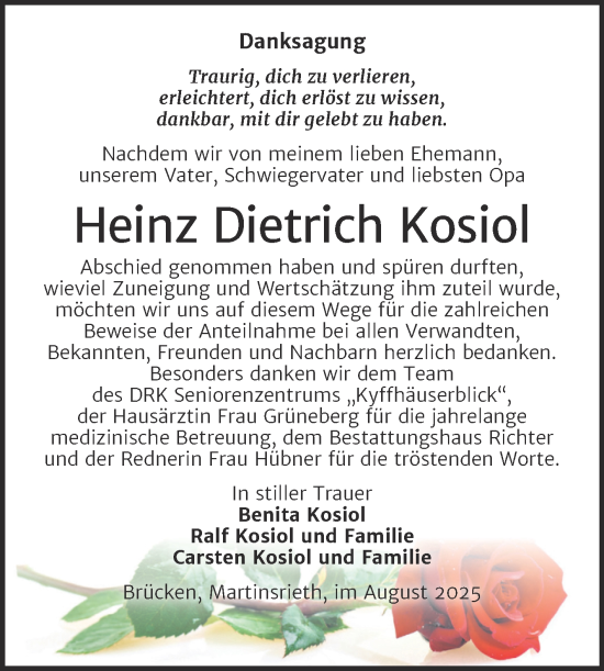 Traueranzeige von Heinz Dietrich Kosiol von Trauerkombi Sangerhausen