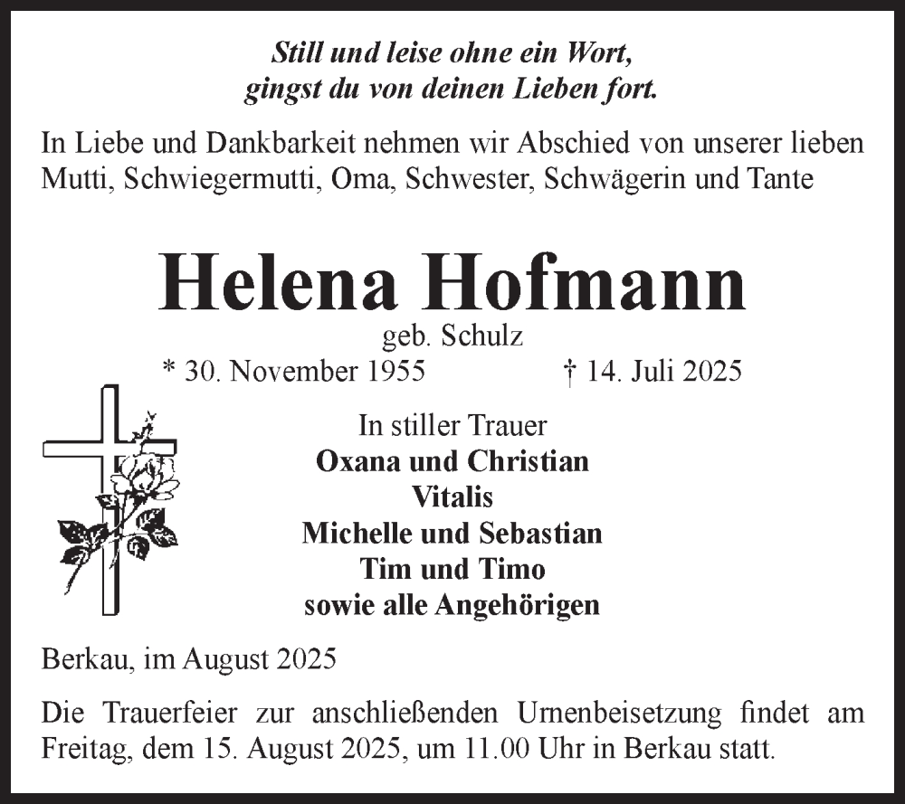  Traueranzeige für Helena Hofmann vom 01.08.2025 aus Volksstimme Altmark Ost
