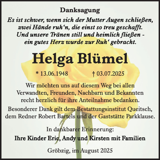 Traueranzeige von Helga Blümel von Trauerkombi Köthen