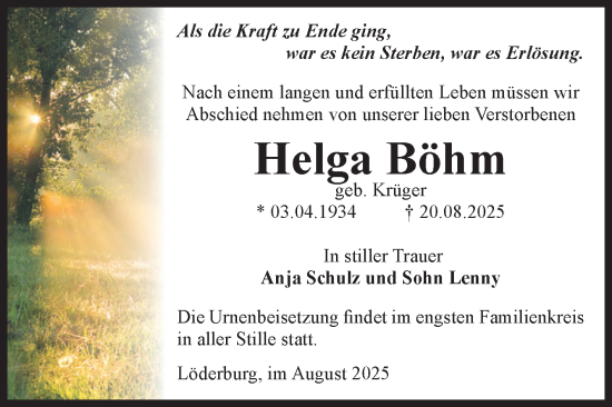 Traueranzeige von Helga Böhm von Volksstimme Staßfurt