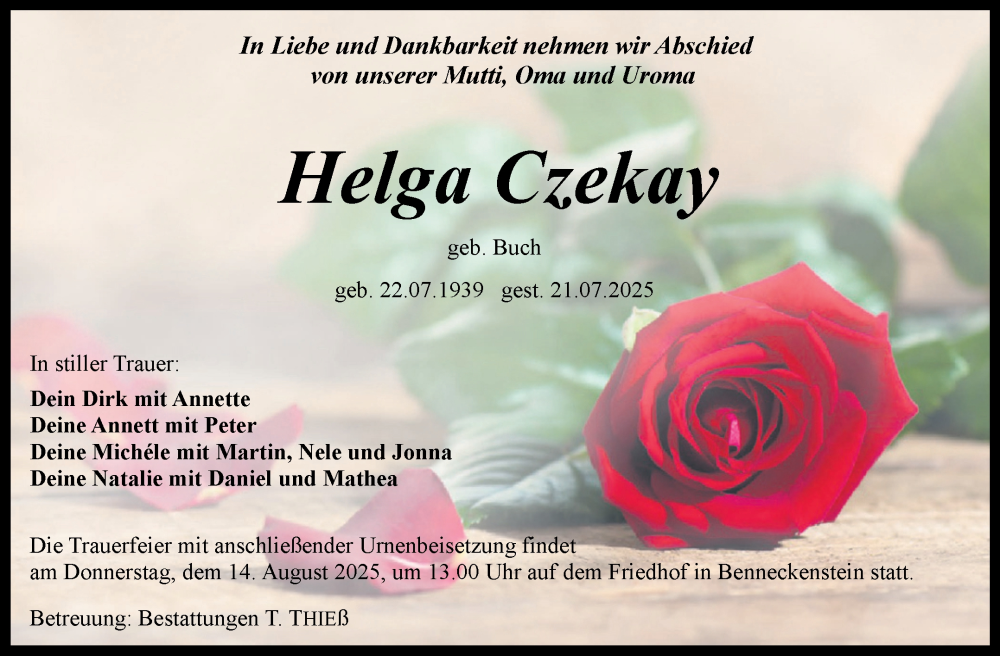  Traueranzeige für Helga Czekay vom 02.08.2025 aus Volksstimme Wernigerode