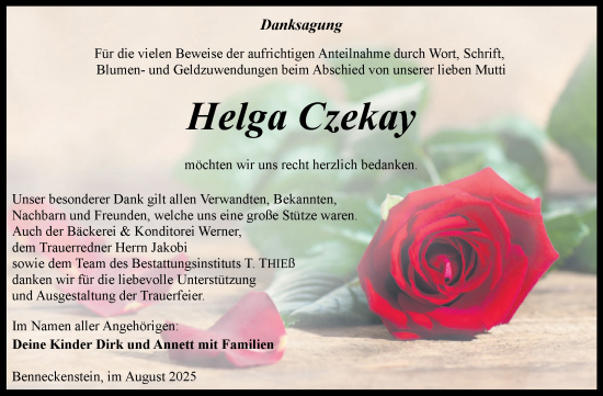 Traueranzeige von Helga Czekay von Volksstimme Wernigerode