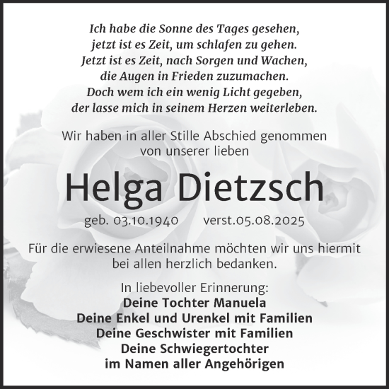Traueranzeige von Helga Dietzsch von Trauerkombi Weißenfels