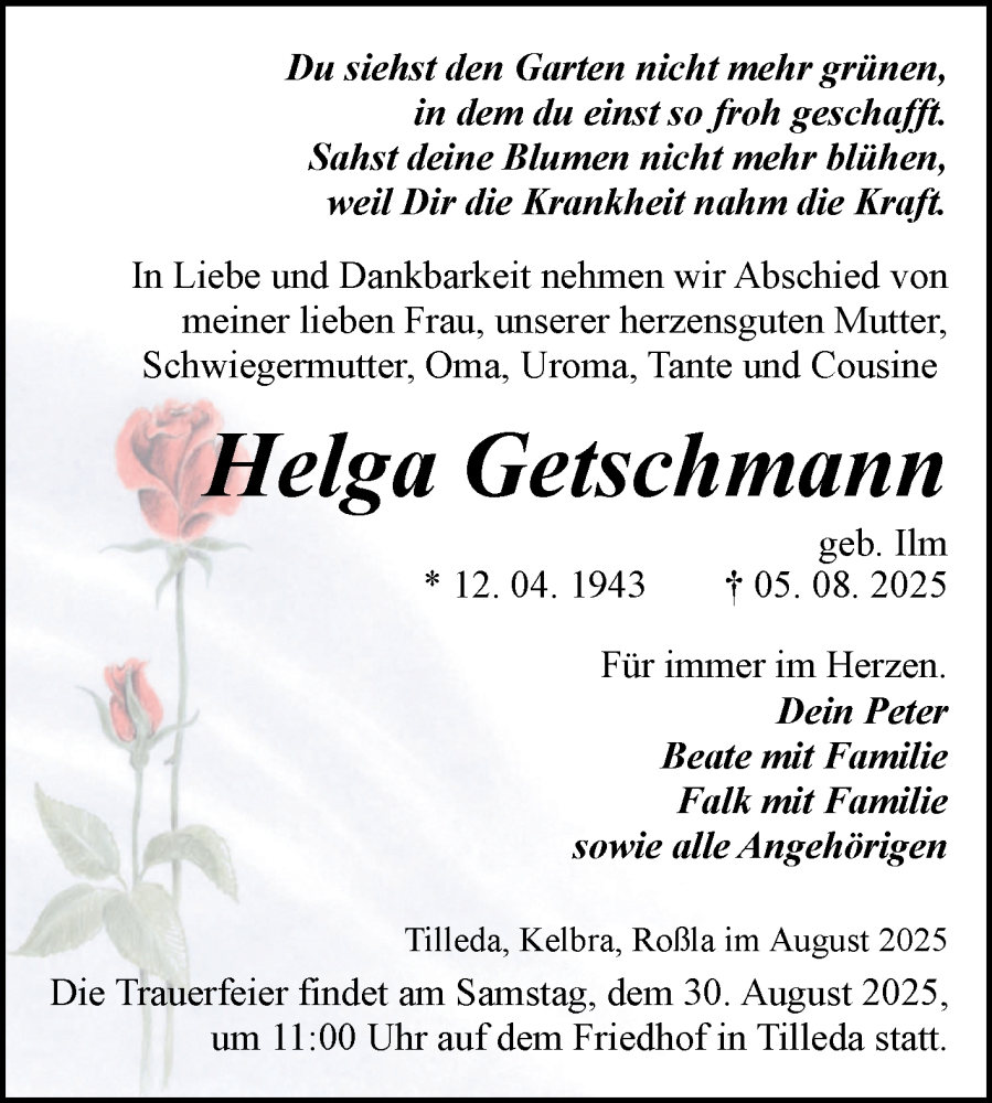  Traueranzeige für Helga Getschmann vom 23.08.2025 aus Trauerkombi Sangerhausen
