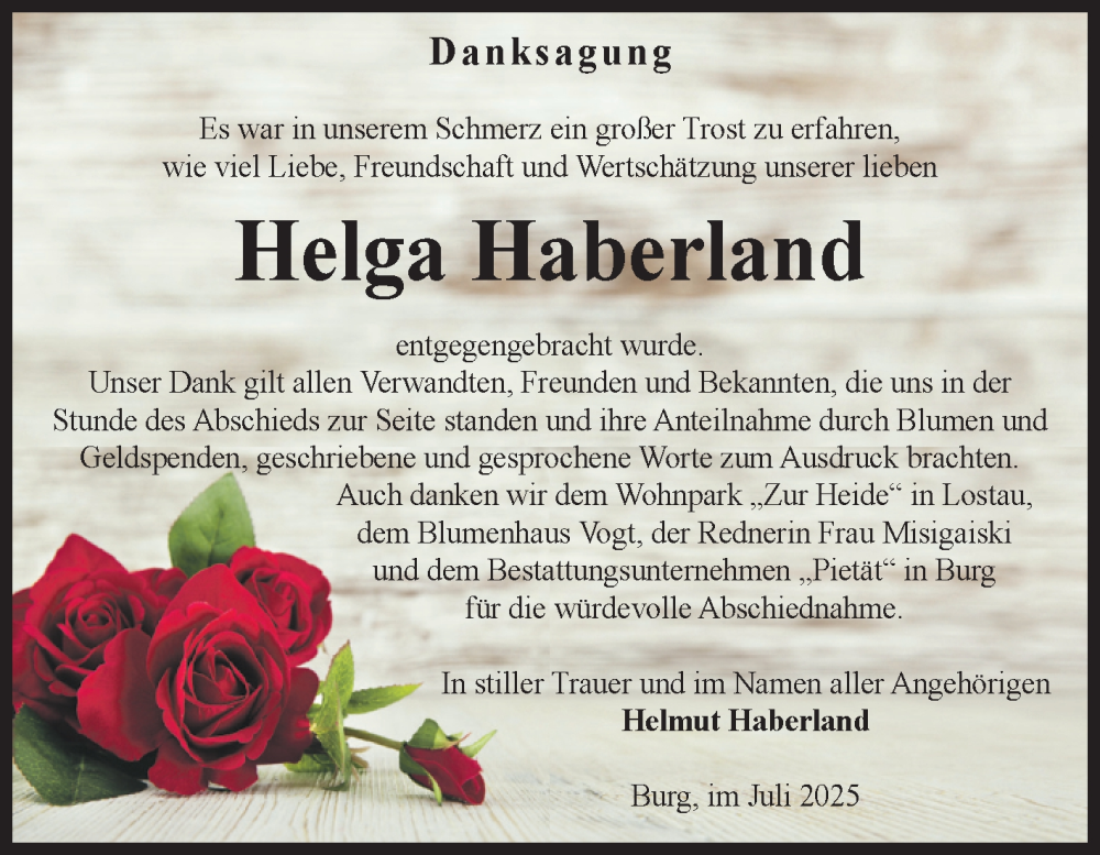  Traueranzeige für Helga Haberland vom 02.08.2025 aus Volksstimme Burg/Genthin
