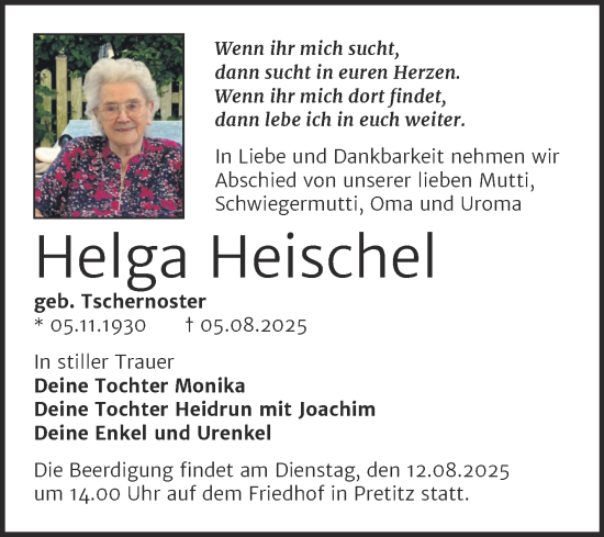 Traueranzeige von Helga Heischel von Trauerkombi Merseburg