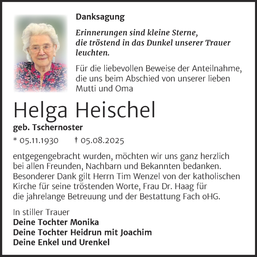  Traueranzeige für Helga Heischel vom 23.08.2025 aus Trauerkombi Merseburg