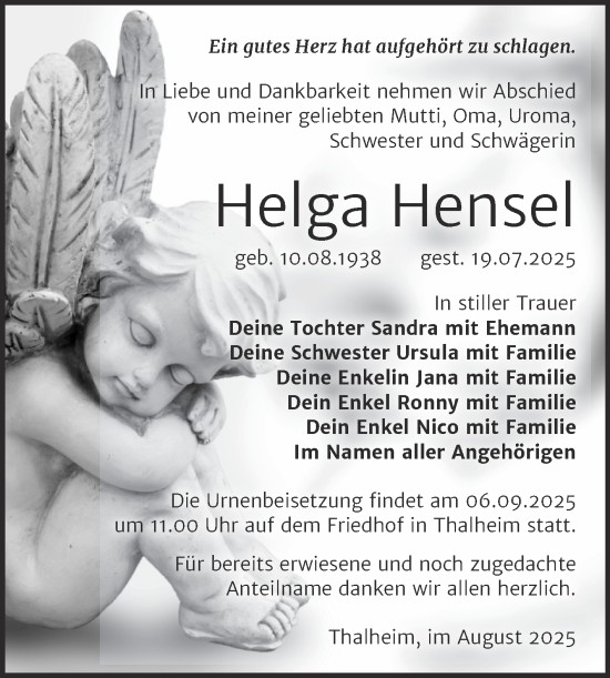 Traueranzeige von Helga Hensel von Trauerkombi Bitterfeld