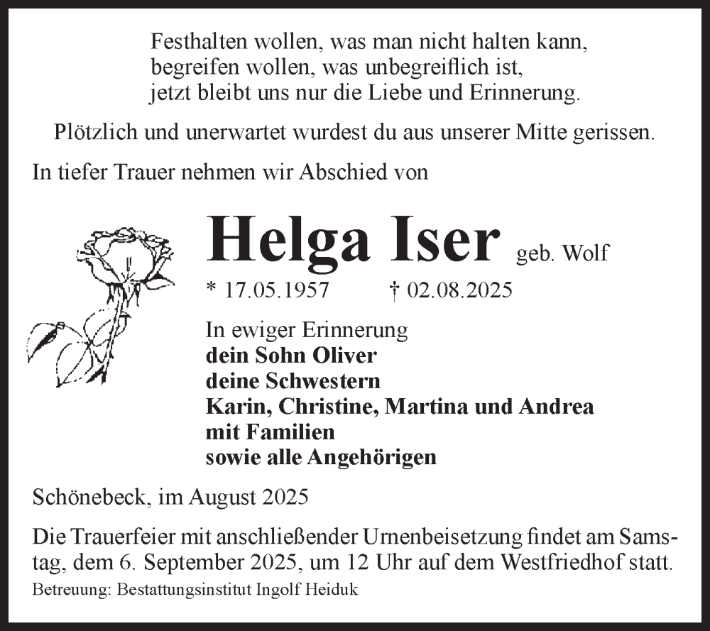  Traueranzeige für Helga Iser vom 09.08.2025 aus Volksstimme Schönebeck