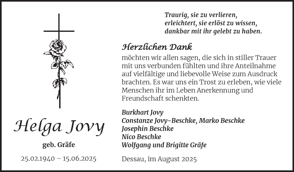  Traueranzeige für Helga Jovy vom 23.08.2025 aus Trauerkombi Dessau